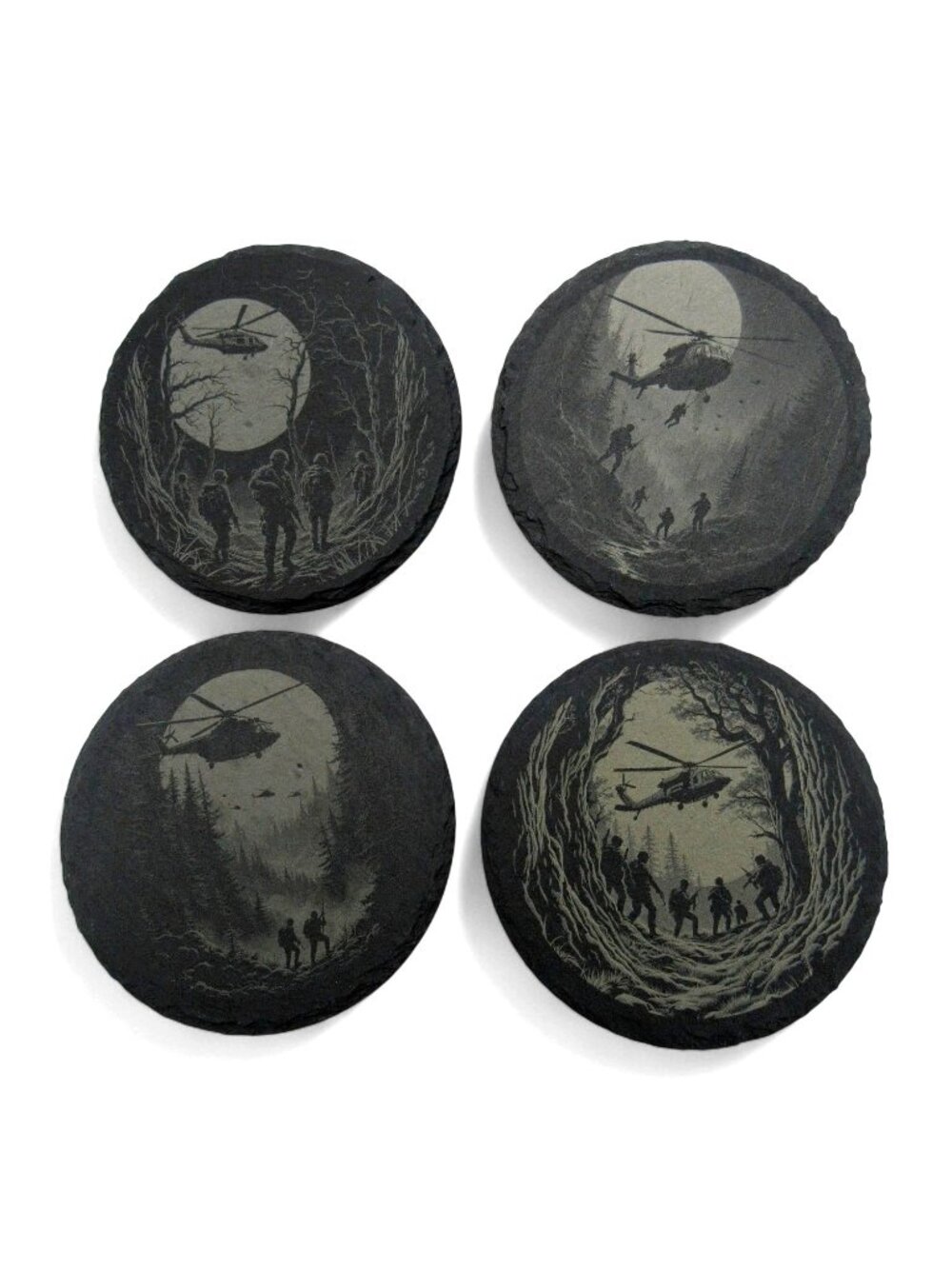 Coasters Military Helicopter Soldier Round Slate Forest Scene Set of 4